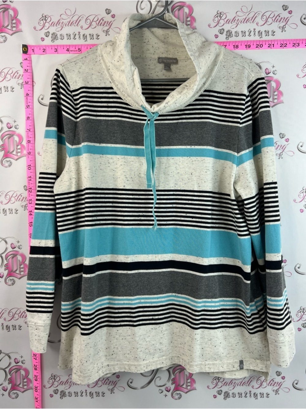 Talbots sweater turtleneck Striped Cowl Neck Sweater - Turquoise, Gray & Cream